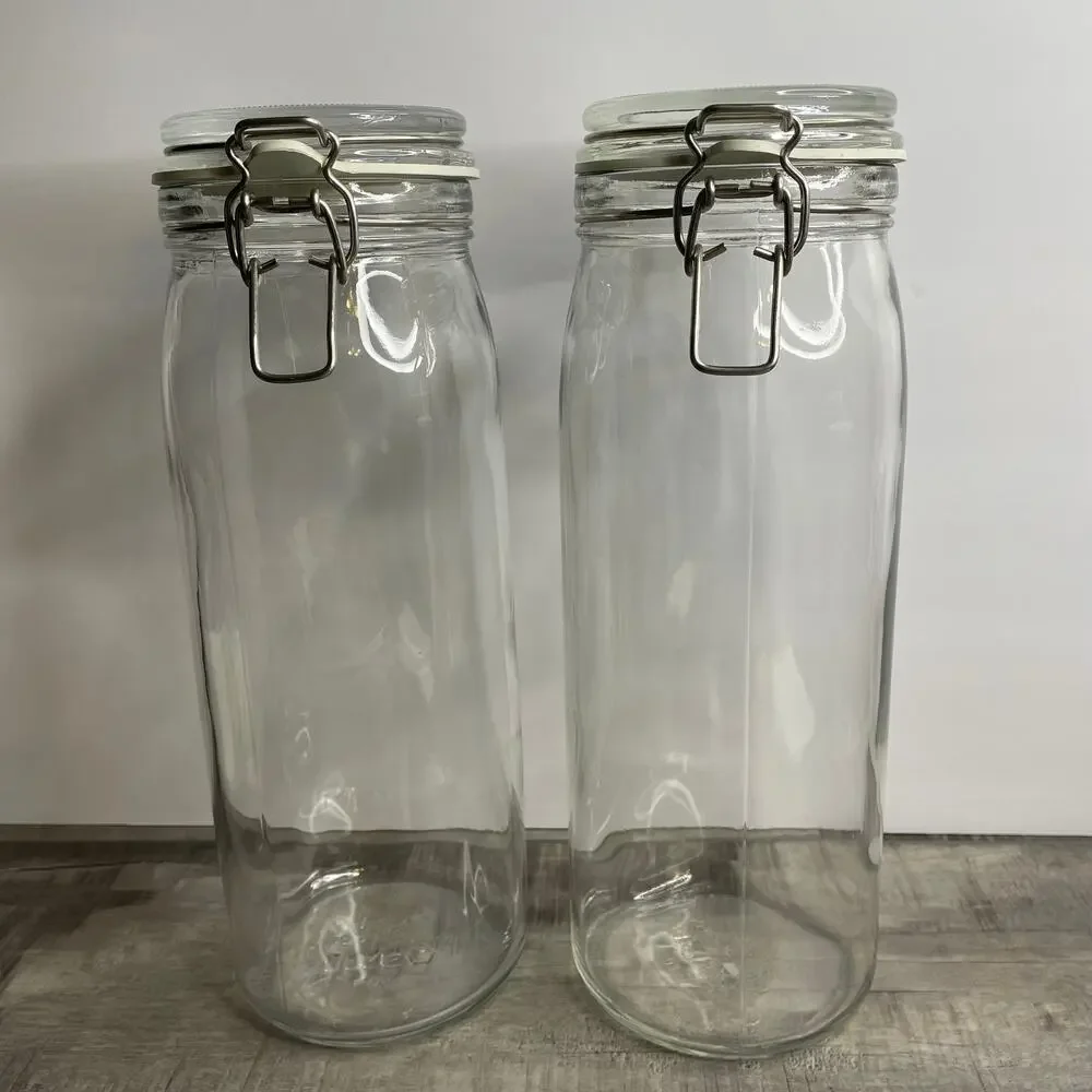 Set of 2 IKEA KORKEN 2.1 QT 12 in Tall Glass Jar Metal Clamp Rubber Gasket